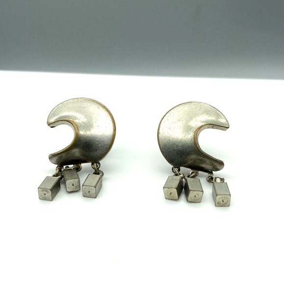 Vintage Distressed Crescent Moon Earrings with Cube Dangles, Great Grunge Vibes - Picture 4 of 6